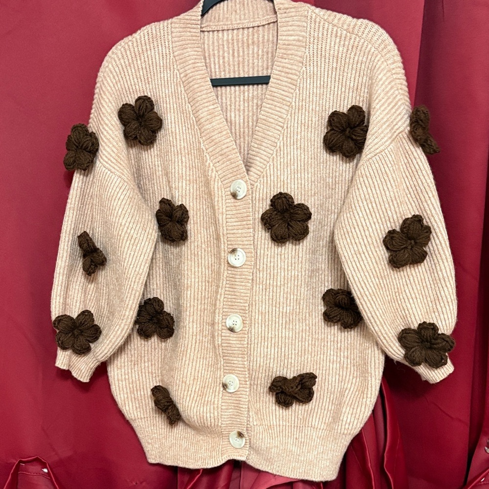 Women's Beige Cardigan with 3D Flower